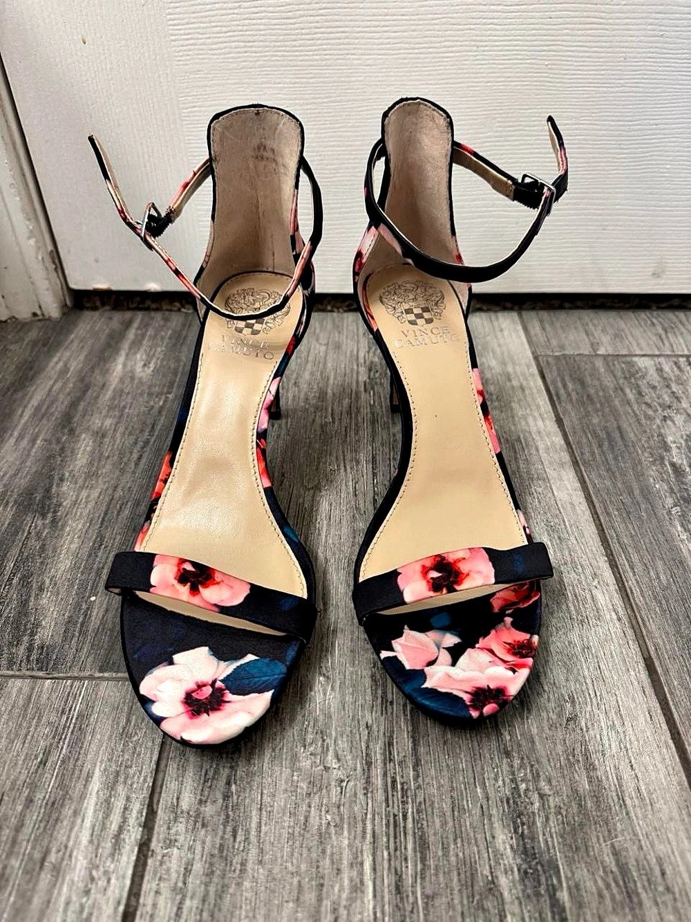 Vince Camuto Floral Ankle Strap Heels Black & Pink US 8